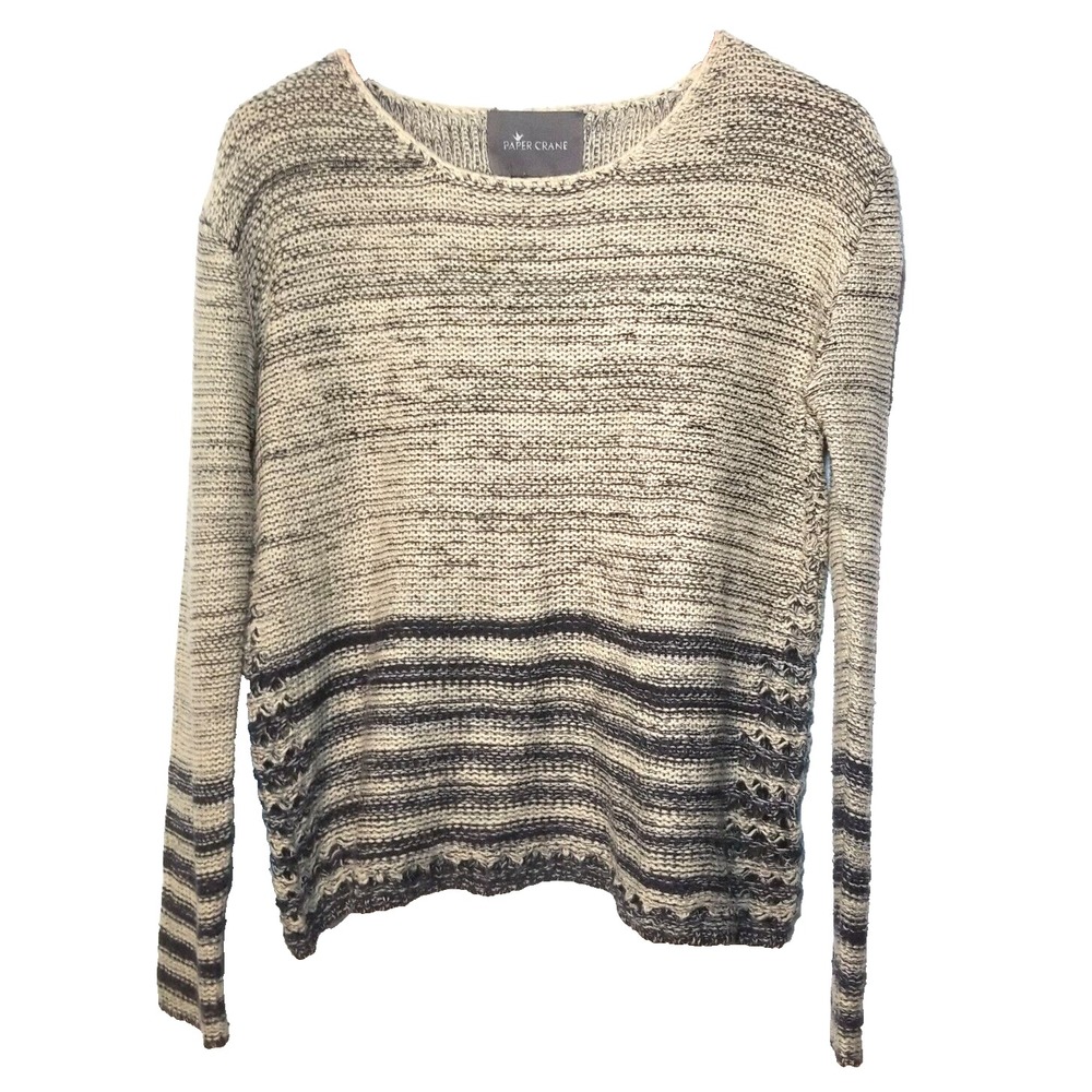 Paper Crane Sweater Blue Ivory Pullover Long Sleeve Open‎ Weave Detailing Large